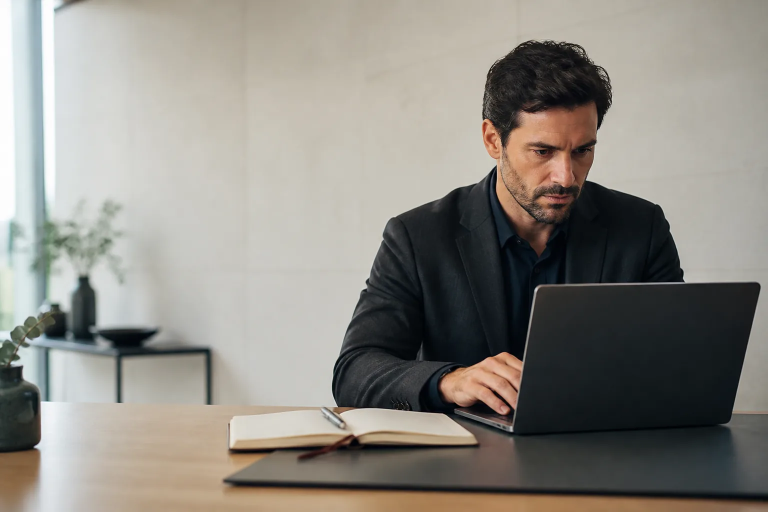 Profissional analisando informações de empresas em um notebook